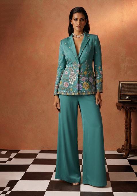 Sky Blue Embroidered Shimmer Fusion Set