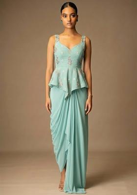 Mint Green Embroidered Chanderi Pre Draped Saree Set