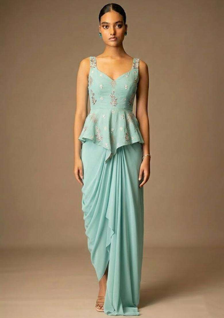 Mint Green Embroidered Chanderi Pre Draped Saree Set - Indya