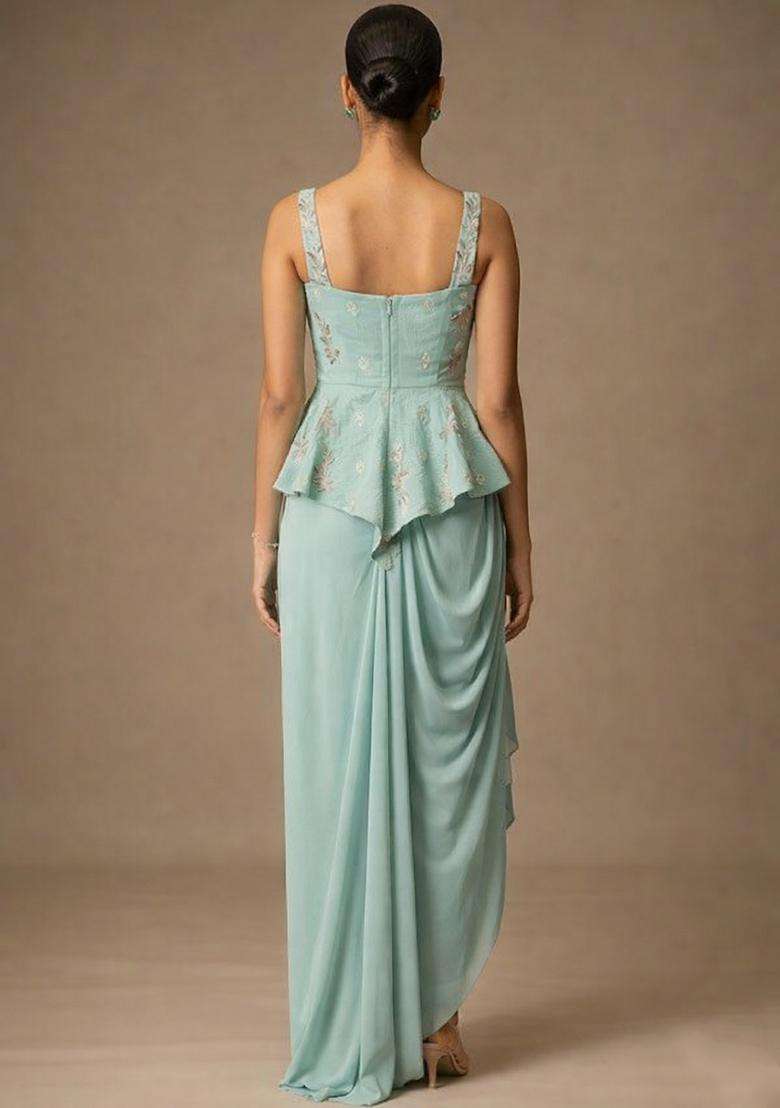 Mint Green Embroidered Chanderi Pre Draped Saree Set - Indya