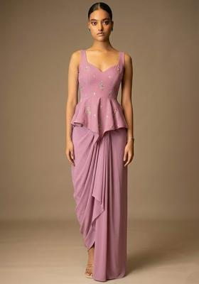 Lavender Embroidered Chanderi Pre Draped Saree Set