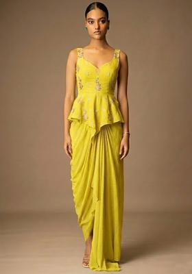 Yellow Embroidered Chanderi Pre Draped Saree Set