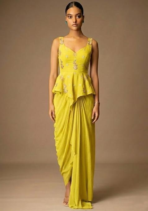 Yellow Embroidered Chanderi Pre Draped Saree Set — view on Indya
