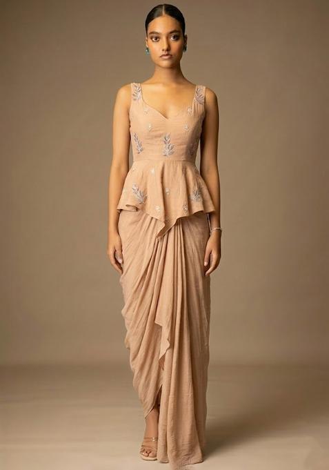 Peach Embroidered Chanderi Pre Draped Saree Set