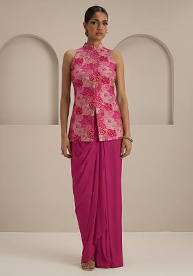 Magenta Pink Floral Print Crepe Fusion Set