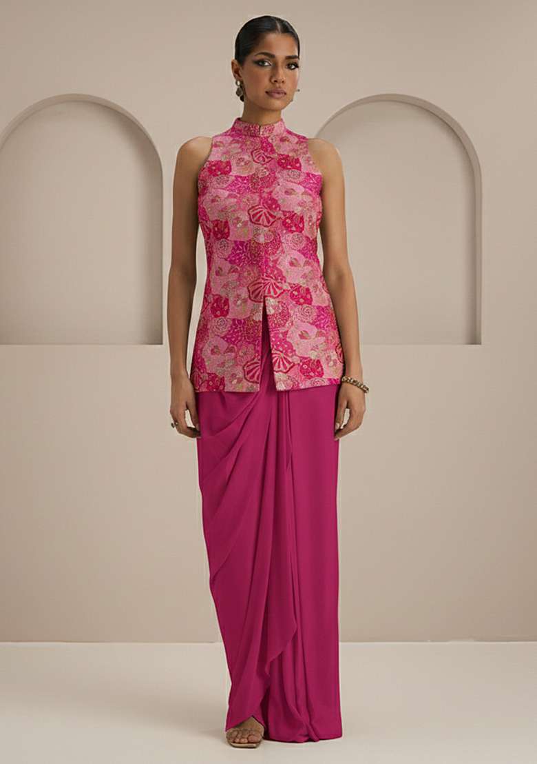 Magenta Pink Floral Print Crepe Fusion Set - Indya
