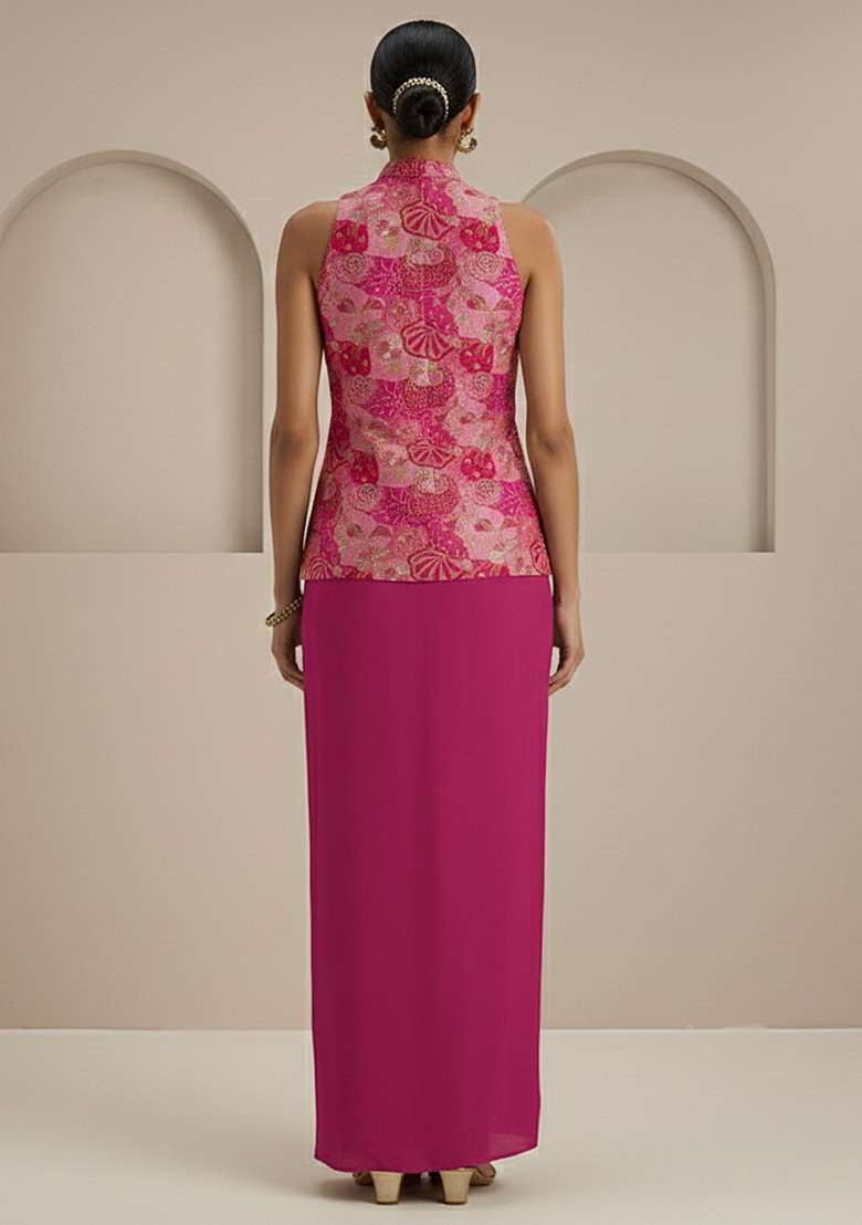 Magenta Pink Floral Print Crepe Fusion Set - Indya