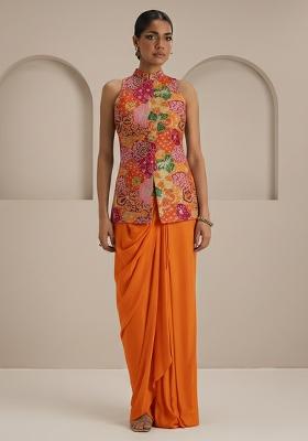 Orange Floral Print Crepe Fusion Set
