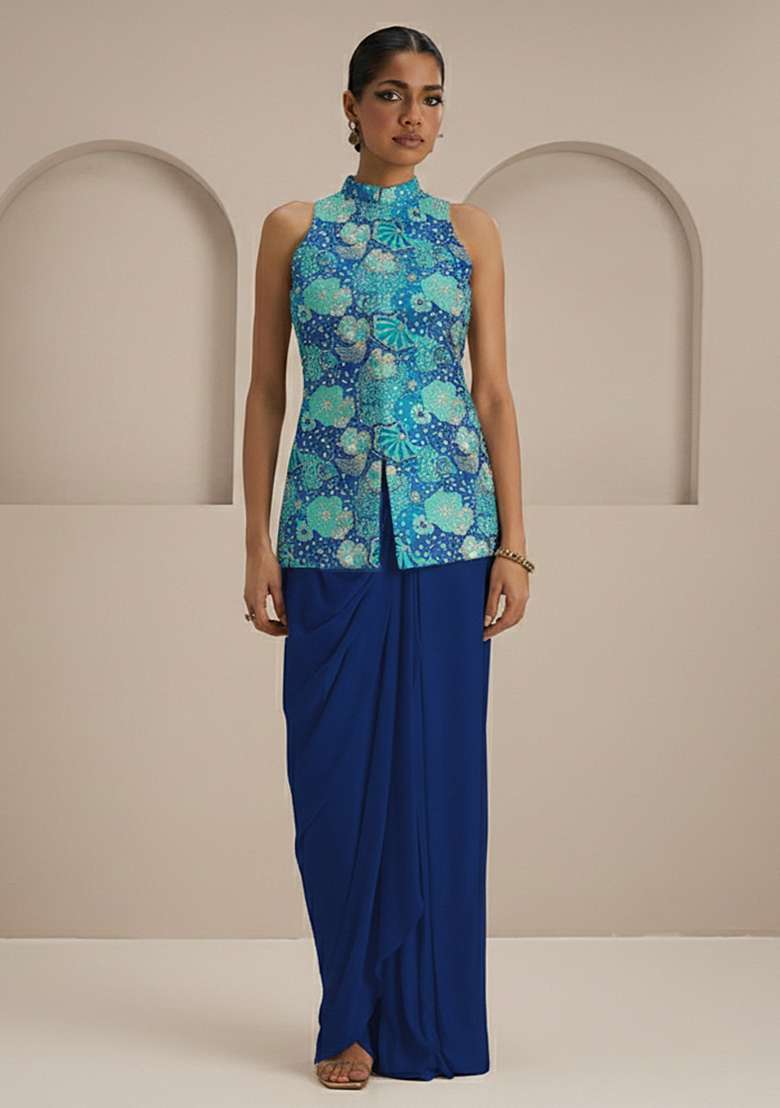 Royal Blue Floral Print Crepe Fusion Set - Indya