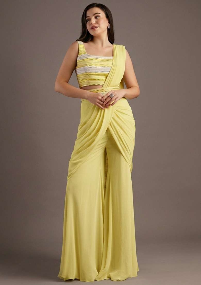 Yellow Georgette Fusion Set with Embroidered for Diwali | Wedding & Festive Wear - Indya