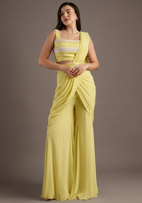 Yellow Embroidered Georgette Fusion Set