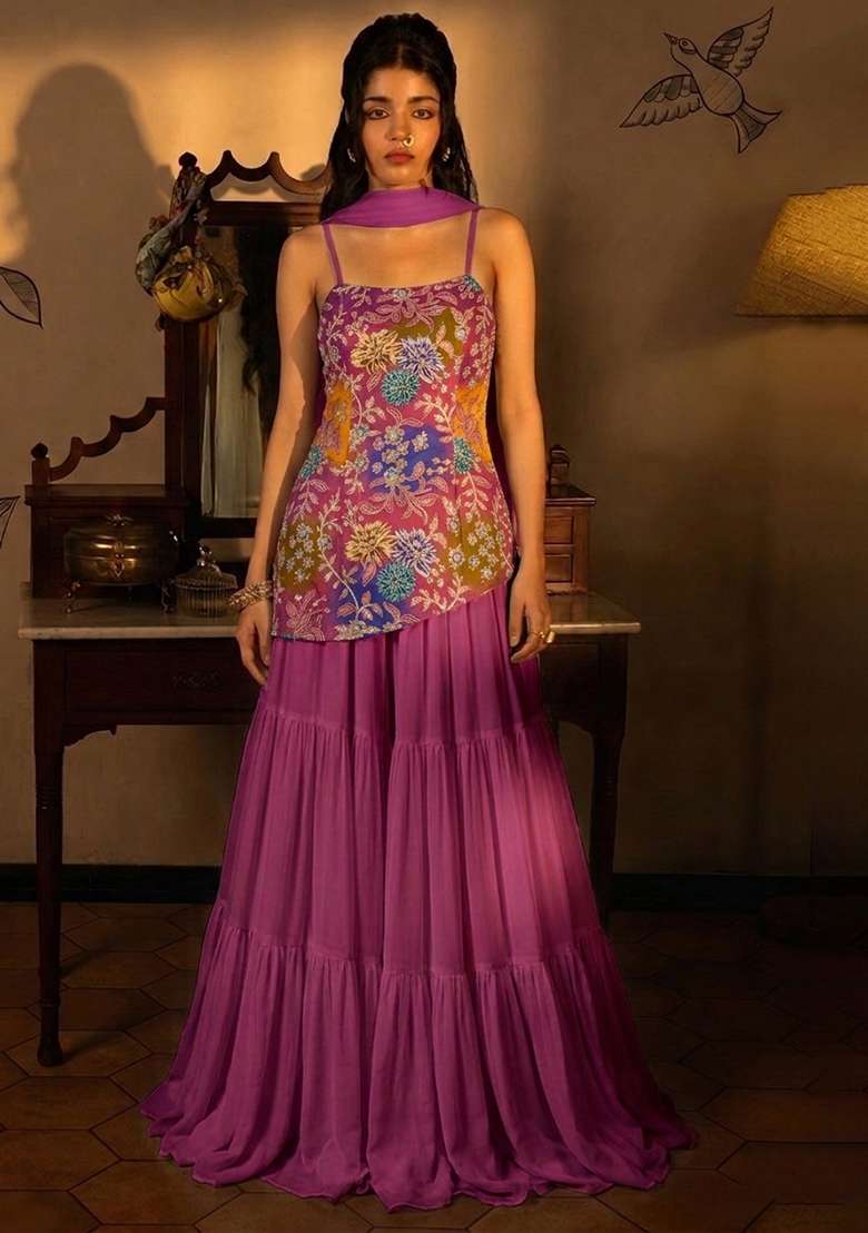 Purple Floral Print Crepe Sharara Set - Indya