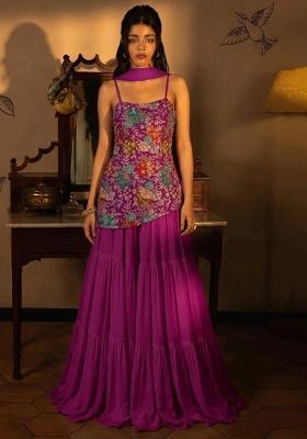 Purple Floral Print Crepe Sharara Set