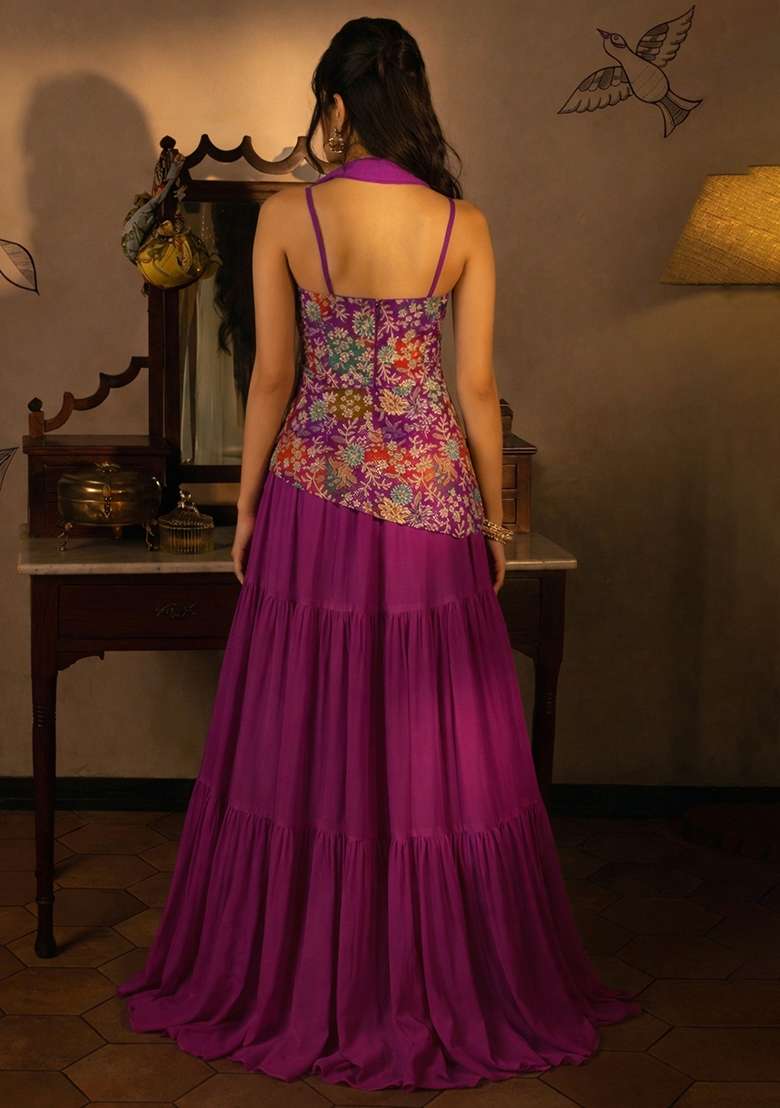Purple Floral Print Crepe Sharara Set - Indya