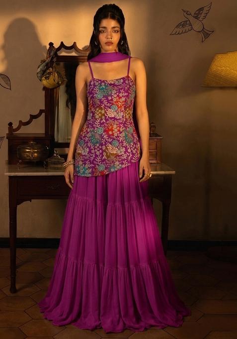 Purple Floral Print Crepe Sharara Set