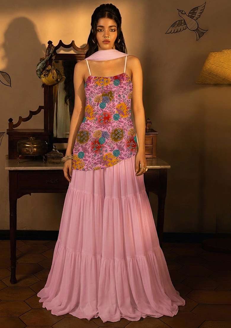 Soft Pink Floral Print Crepe Sharara Set - Indya