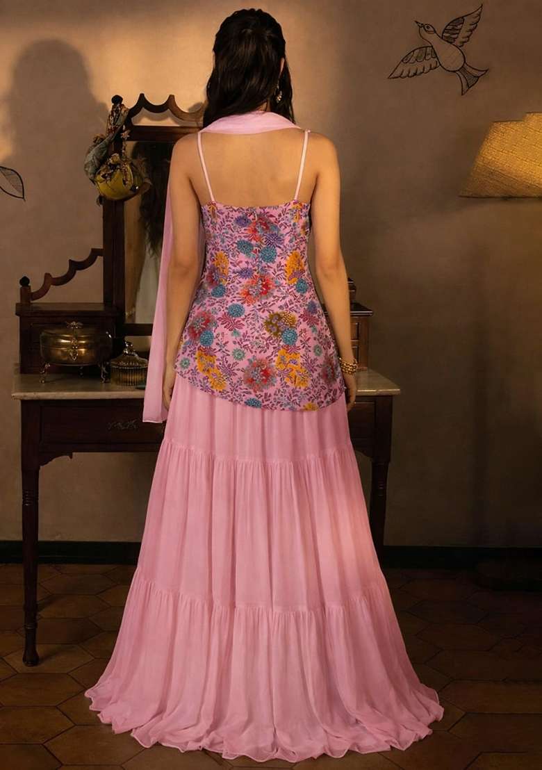 Soft Pink Floral Print Crepe Sharara Set - Indya
