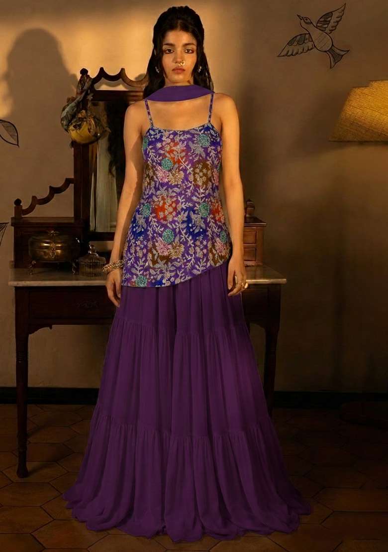 Purple Floral Print Crepe Sharara Set - Indya