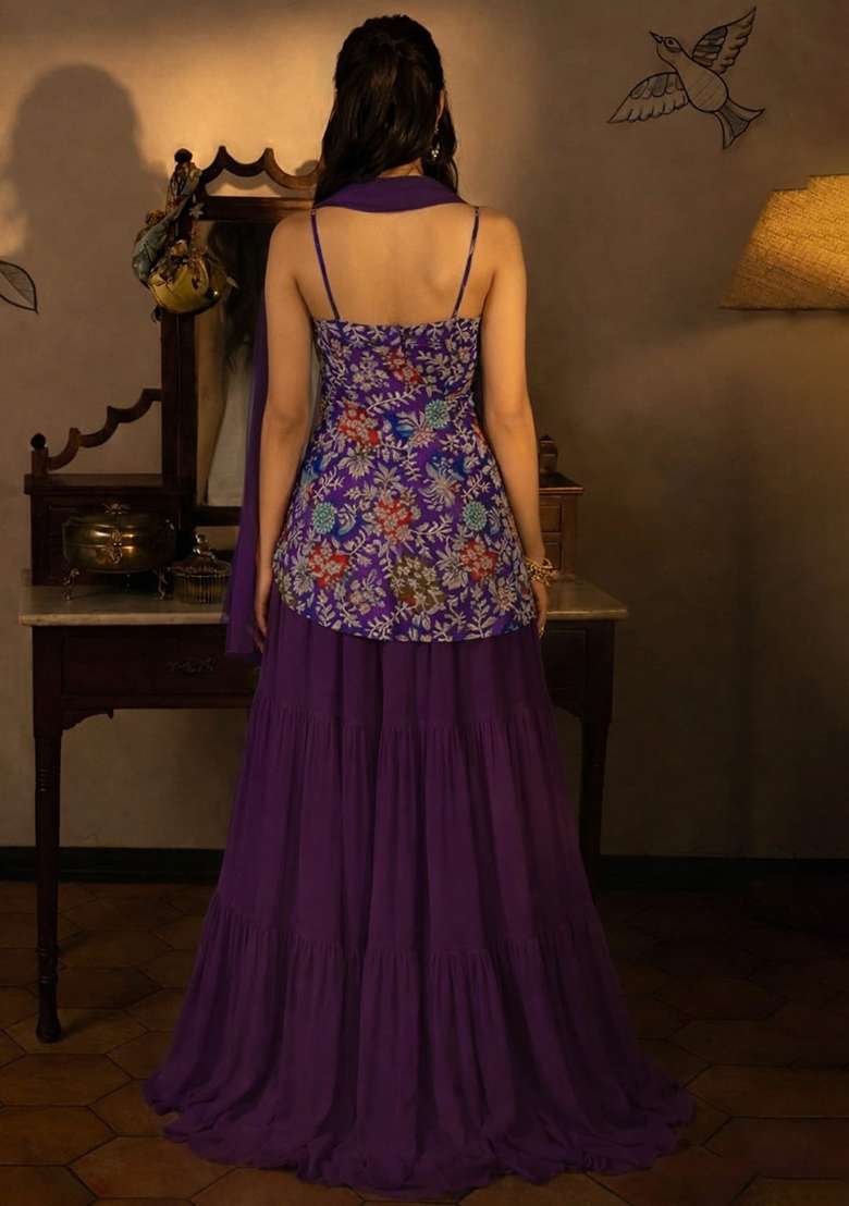 Purple Floral Print Crepe Sharara Set - Indya
