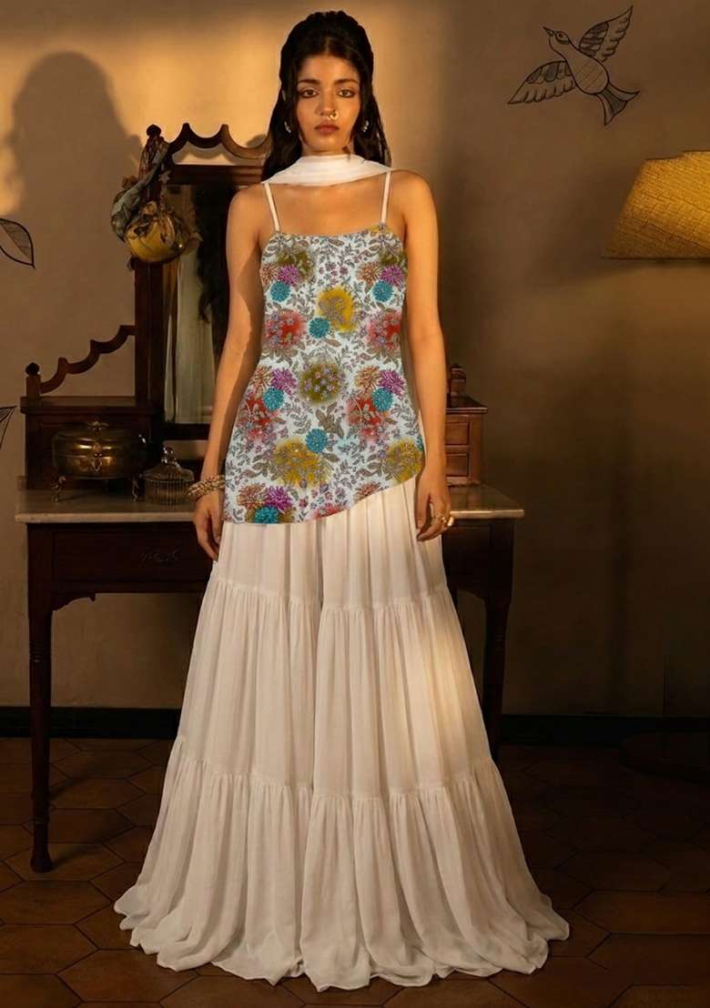 Beige Floral Print Crepe Sharara Set - Indya