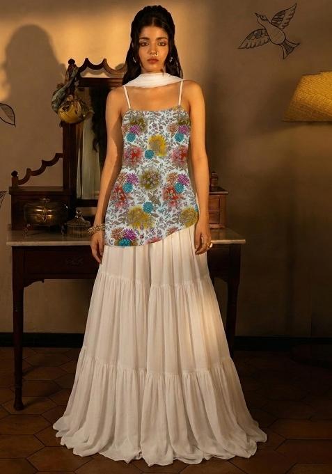 Beige Floral Print Crepe Sharara Set