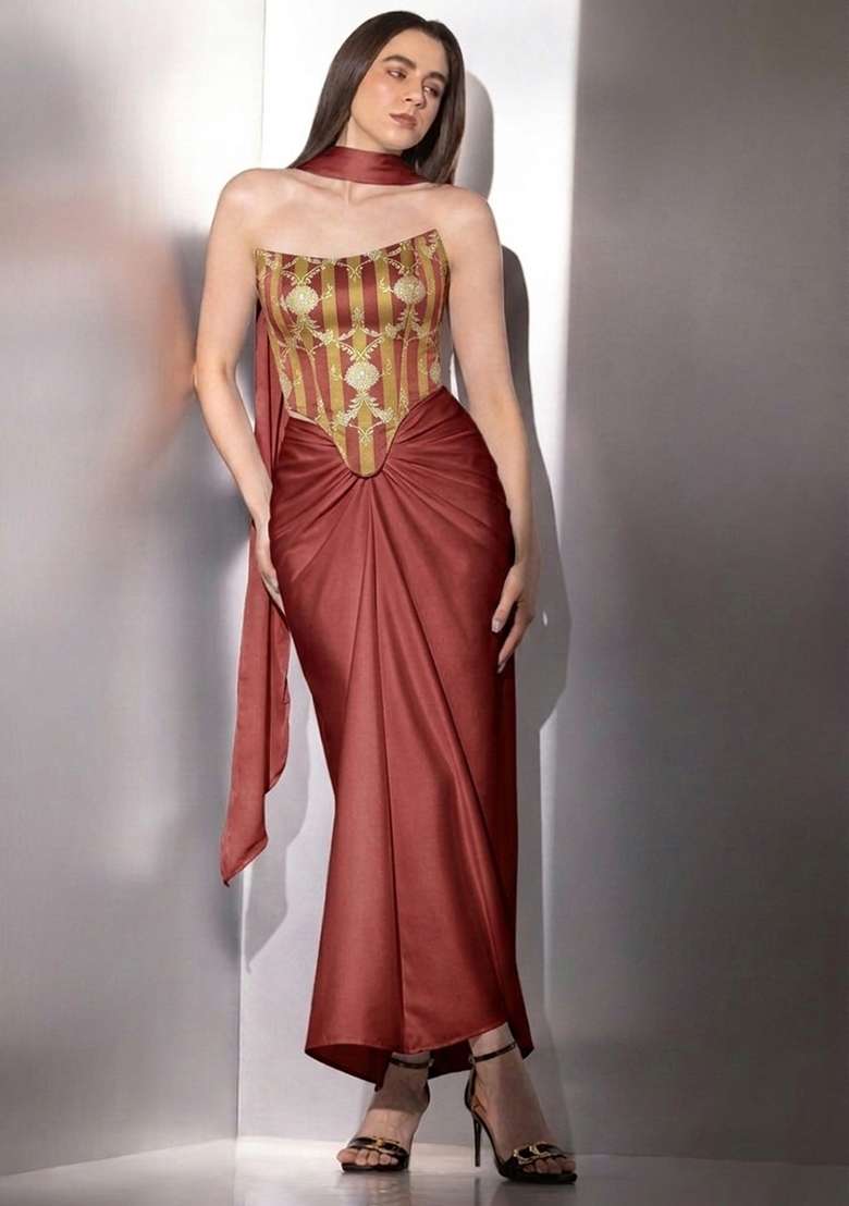 Rust Brown Zari Satin Fusion Set - Indya