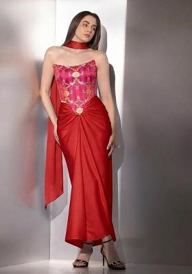 Red Zari Satin Fusion Set