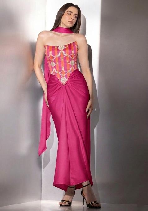 Pink Zari Satin Fusion Set