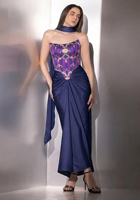 Navy Blue Zari Satin Fusion Set