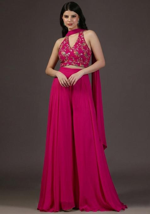 Fuchsia Embroidered Crepe Fusion Set