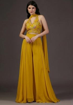 Yellow Embroidered Crepe Fusion Set