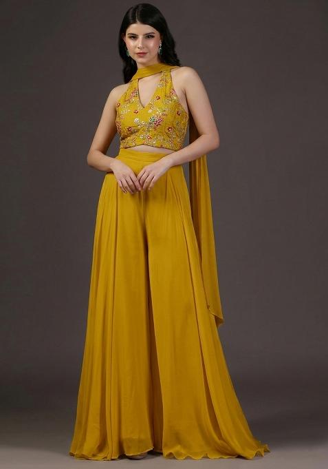 Yellow Embroidered Crepe Fusion Set