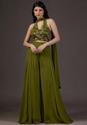 Olive Green Embroidered Crepe Fusion Set