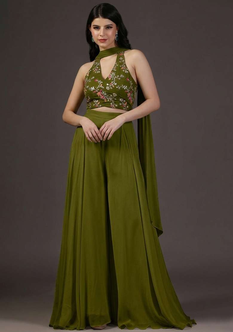 Olive Green Embroidered Crepe Fusion Set - Indya