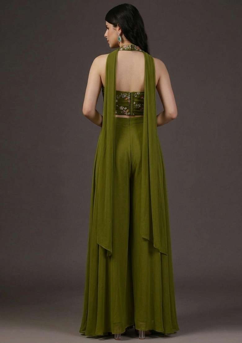 Olive Green Embroidered Crepe Fusion Set - Indya