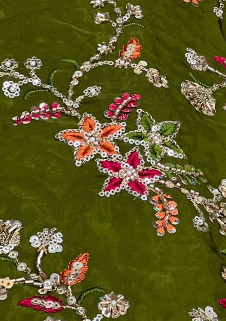 Olive Green Embroidered Crepe Fusion Set - Indya