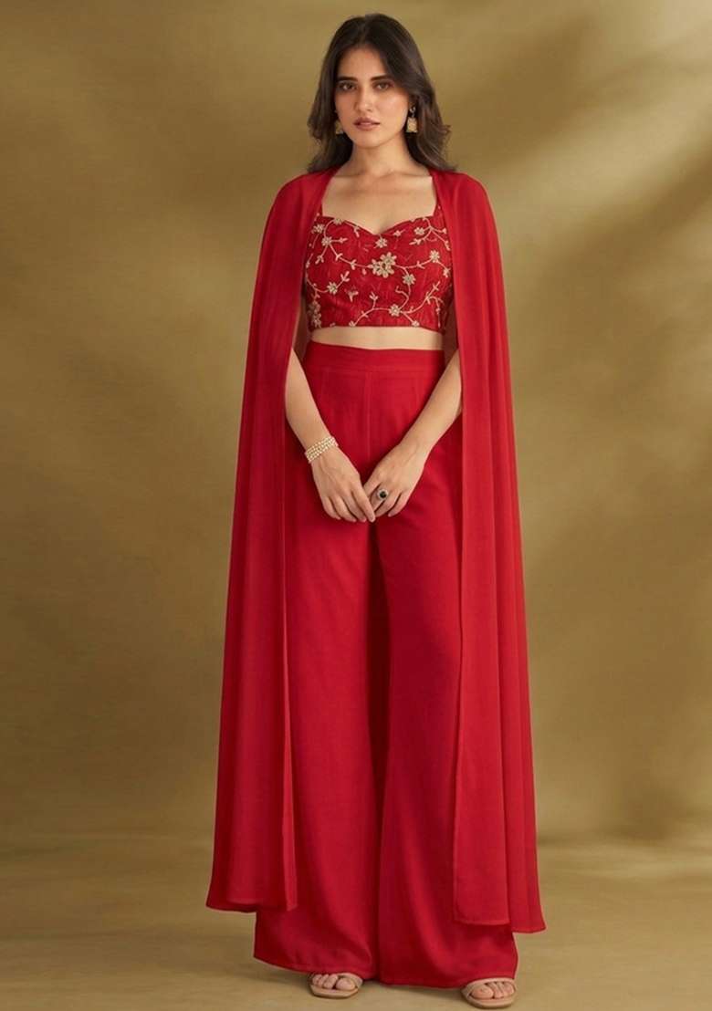 Crimson Red Crepe Fusion Set with Embroidered for Diwali | Wedding & Festive Wear - Indya