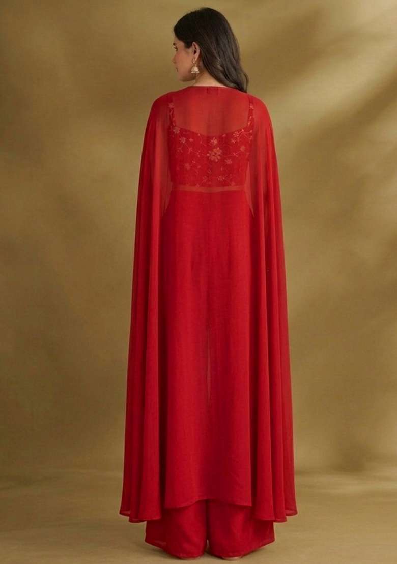 Crimson Red Crepe Fusion Set with Embroidered for Diwali | Wedding & Festive Wear - Indya