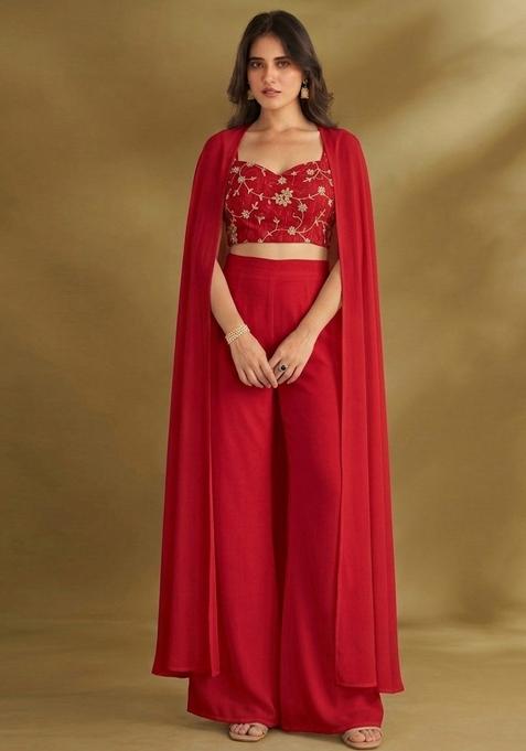 Crimson Red Embroidered Crepe Fusion Set