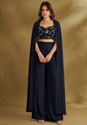 Navy Blue Embroidered Crepe Fusion Set