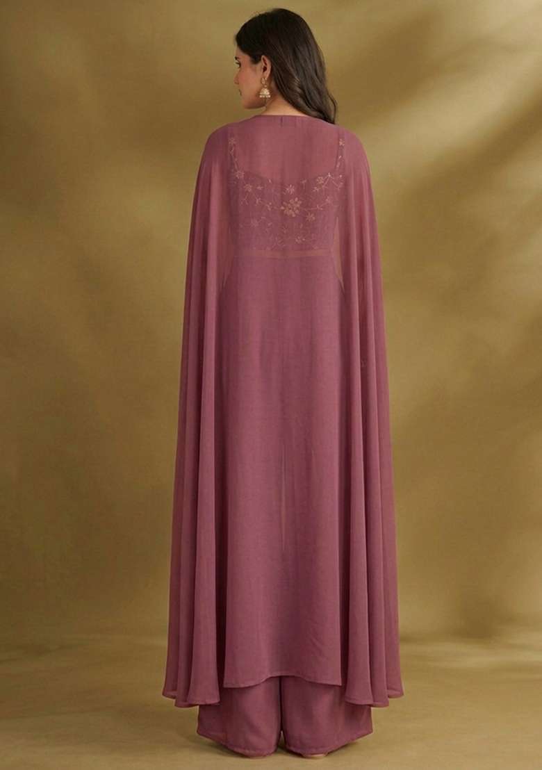 Light Wine Crepe Fusion Set with Embroidered for Diwali | Wedding & Festive Wear - Indya