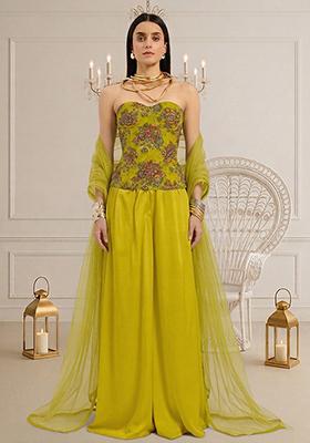 Lime Green Embroidered Organza Fusion Set