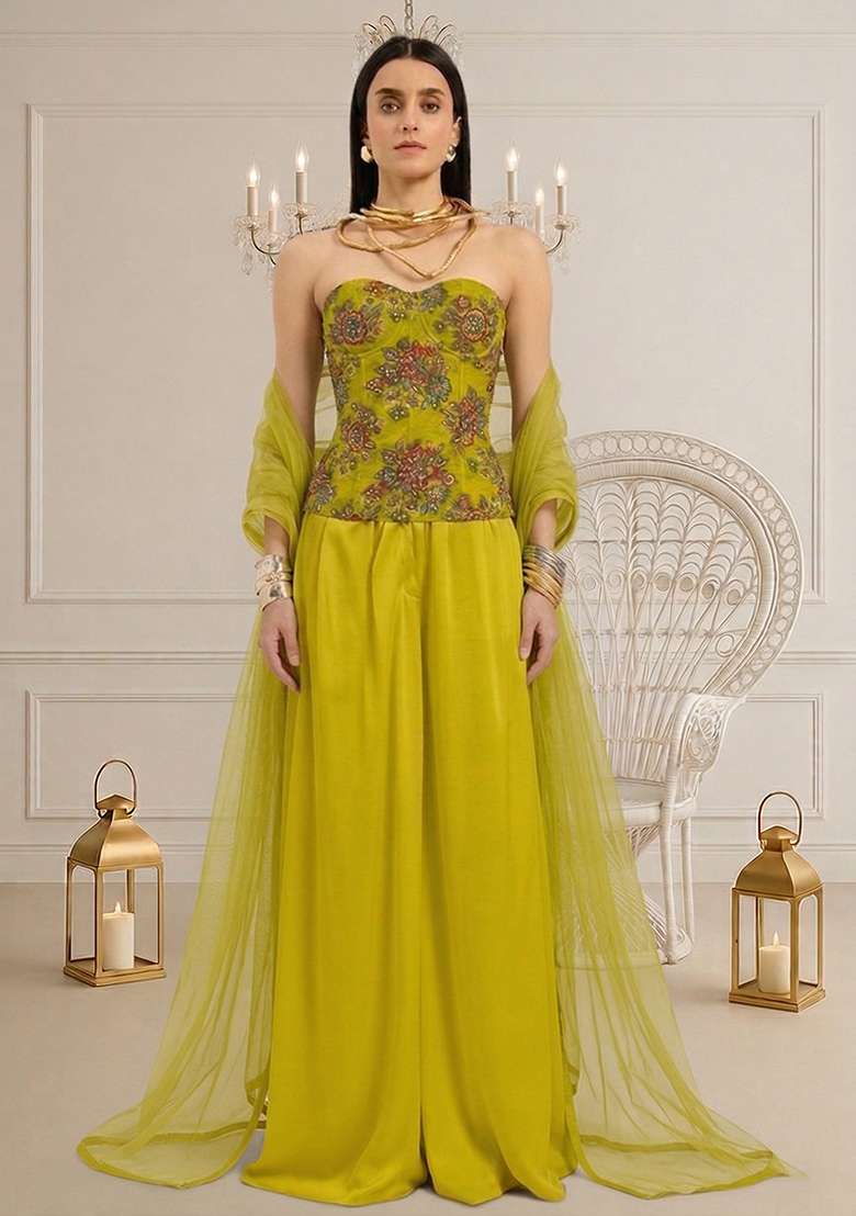 Lime Green Embroidered Organza Fusion Set - Indya