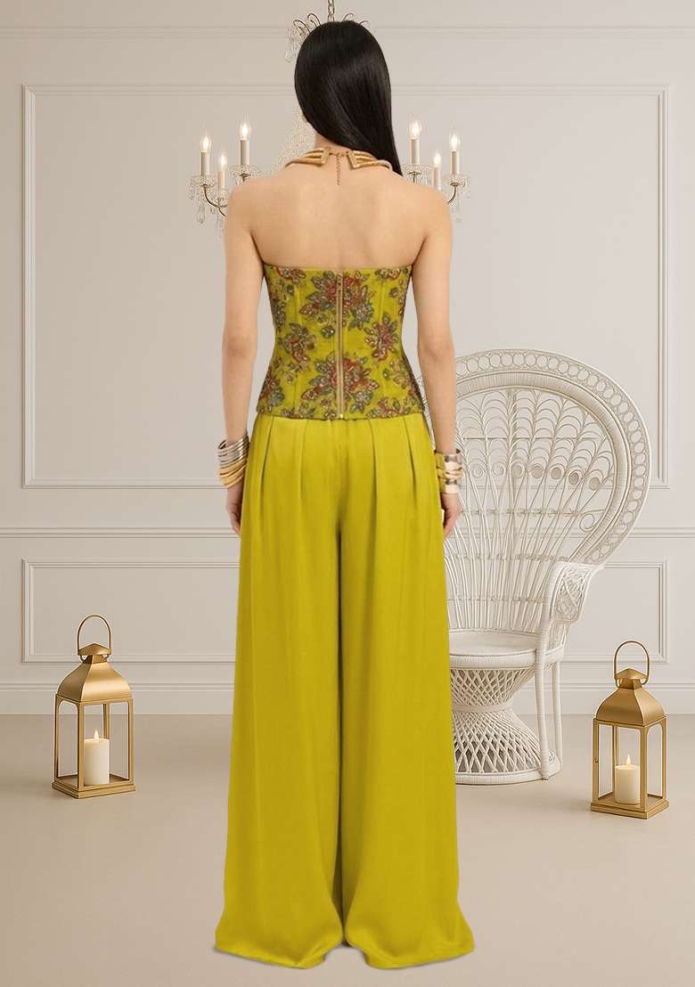 Lime Green Embroidered Organza Fusion Set - Indya