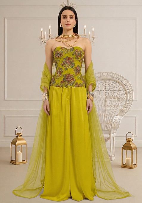 Lime Green Embroidered Organza Fusion Set