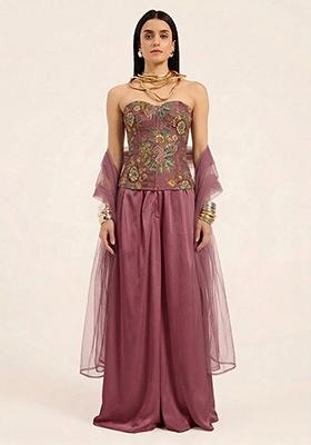 Mauve Embroidered Organza Fusion Set