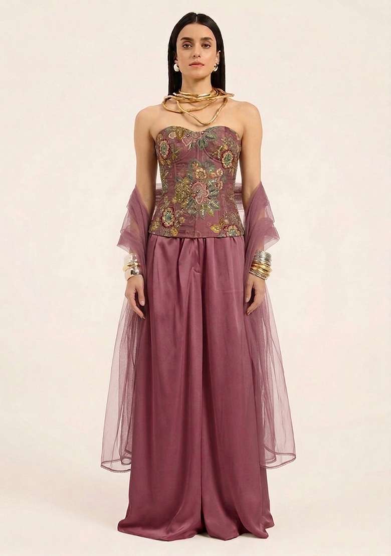 Mauve Embroidered Organza Fusion Set - Indya
