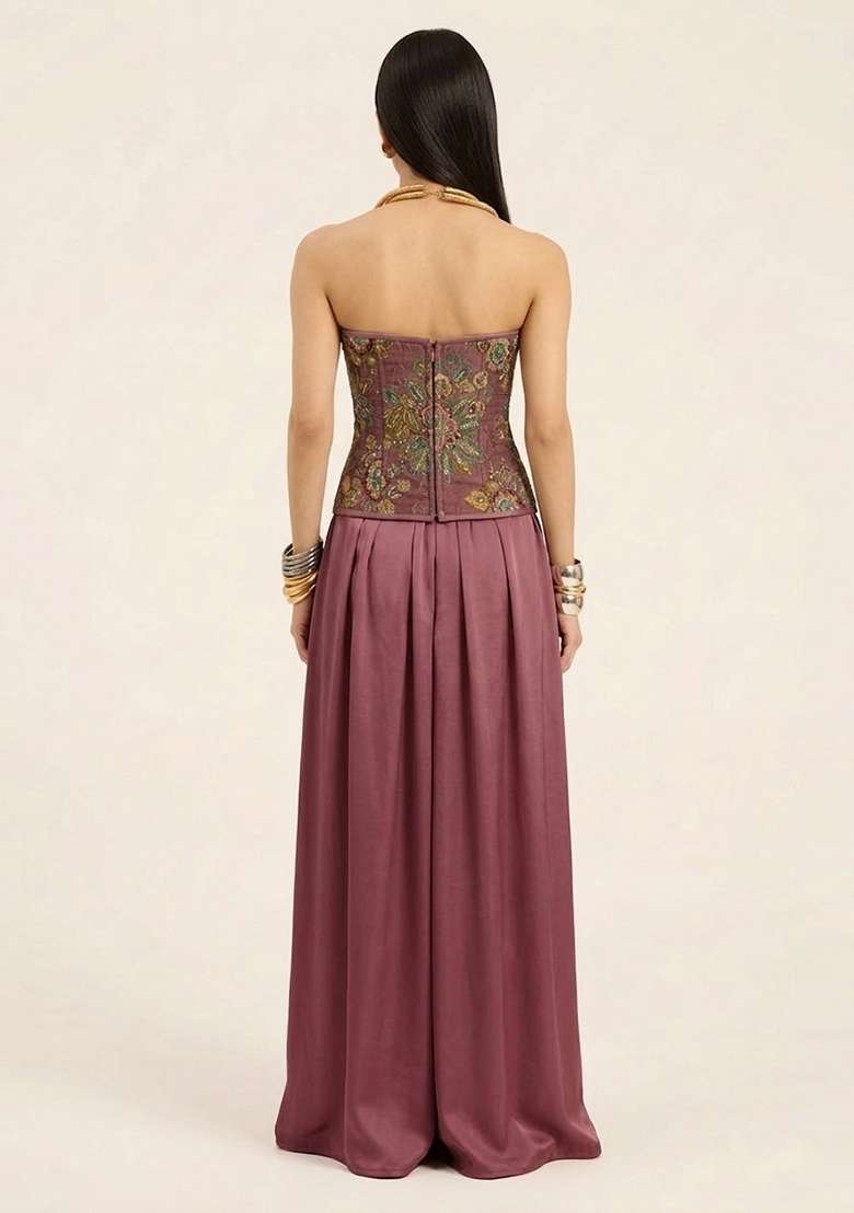 Mauve Embroidered Organza Fusion Set - Indya