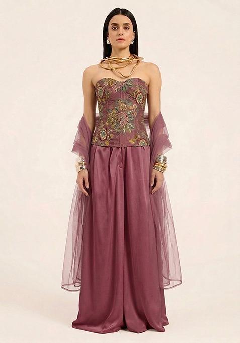 Mauve Embroidered Organza Fusion Set