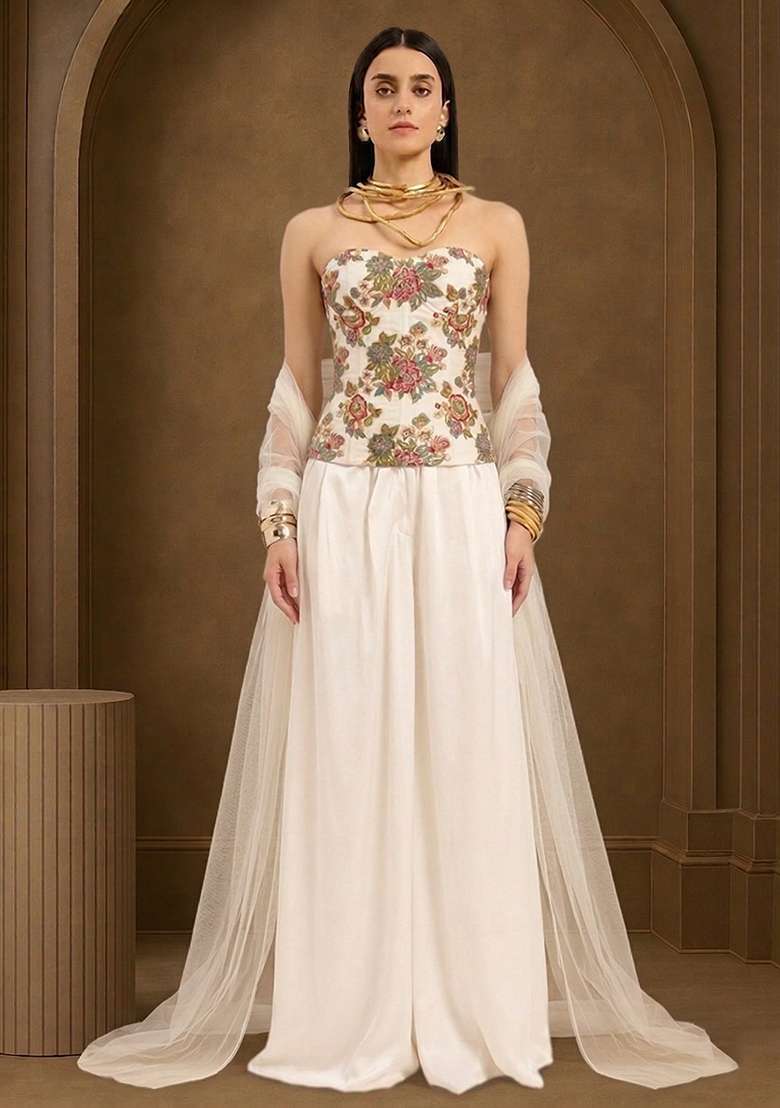White Embroidered Organza Fusion Set - Indya